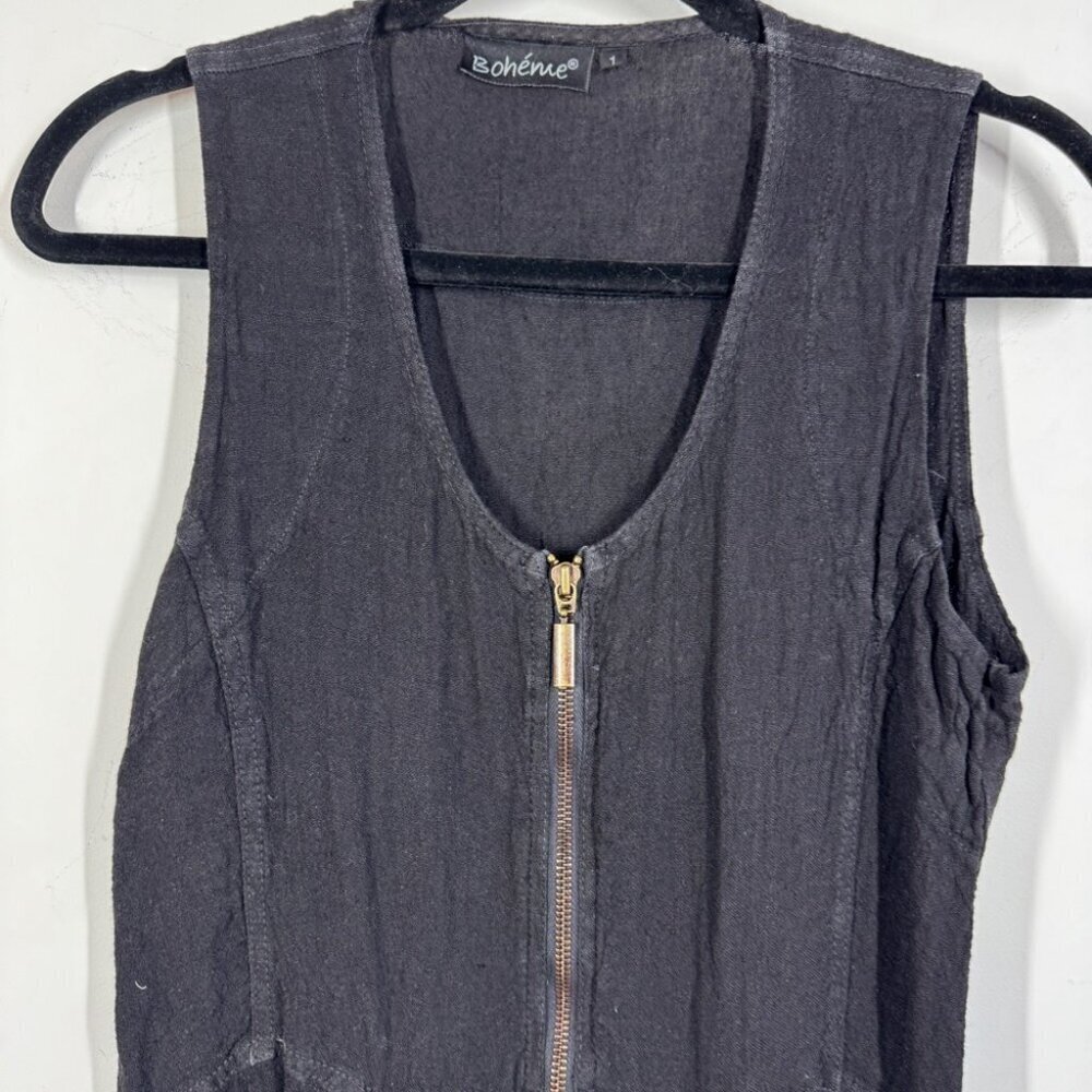 Bohème Black Lagenlook Linen Zip Front Dress Size 1 Sleeveless Boho Casual - Picture 4 of 13